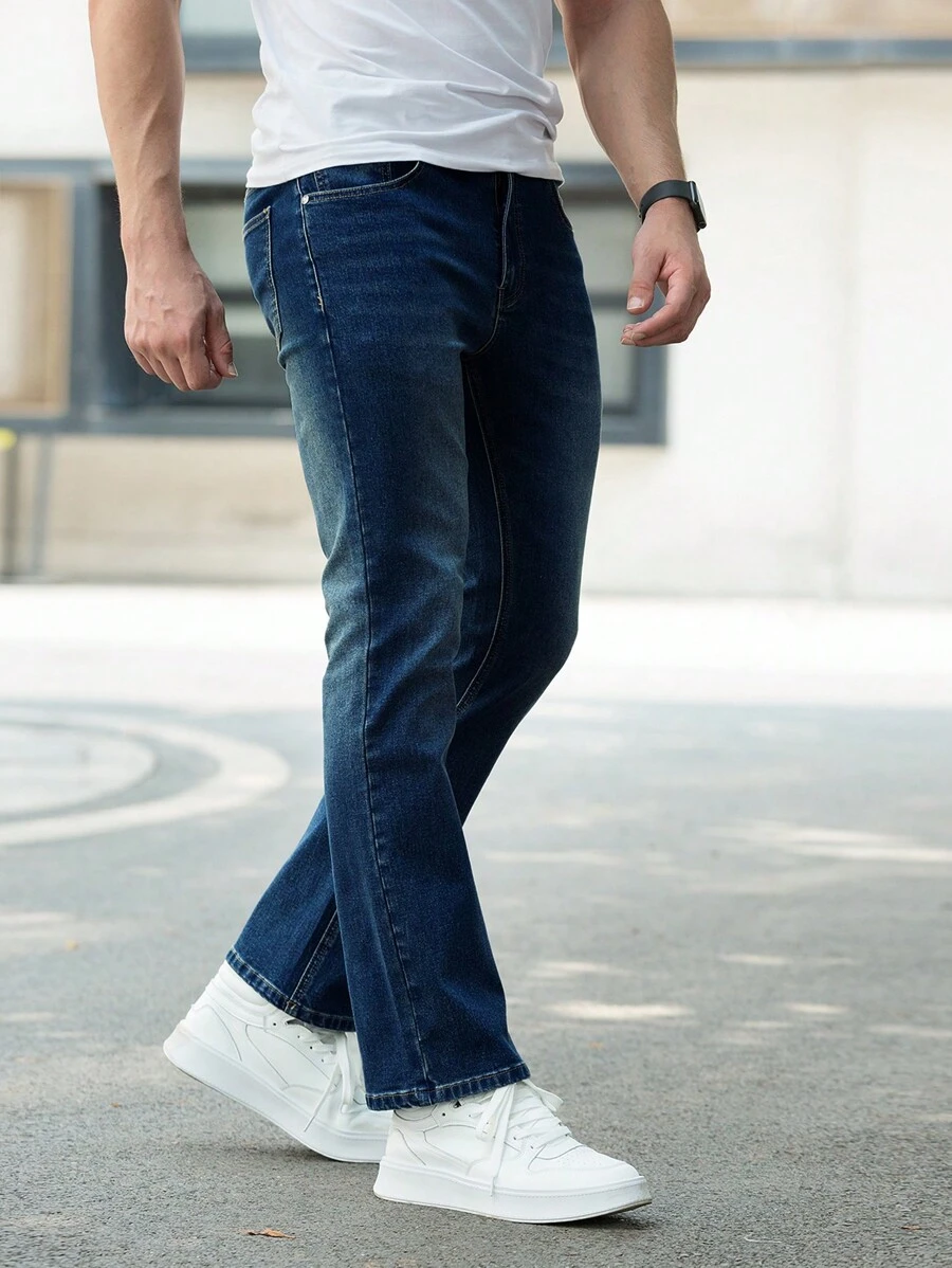 Men Slant Pocket Straight Leg Jeans - Dark Wash - View 1