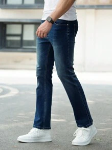 Men Slant Pocket Straight Leg Jeans - Dark Wash - View 3
