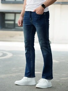 Men Slant Pocket Straight Leg Jeans - Dark Wash - View 4