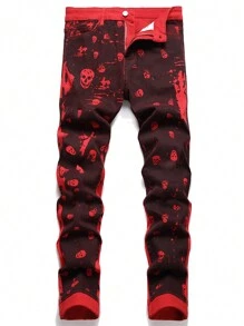 男士骷髅印花牛仔裤，万圣节适用 - 紅色 - 查看 1
