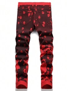 男士骷髅印花牛仔裤，万圣节适用 - 紅色 - 查看 2