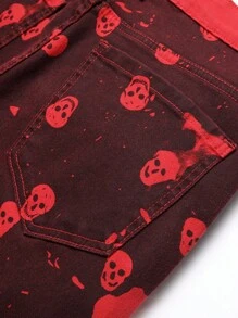 男士骷髅印花牛仔裤，万圣节适用 - 紅色 - 查看 3