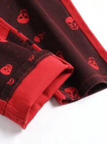 男士骷髅印花牛仔裤，万圣节适用 - 紅色 - 查看 4