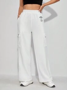 SHEIN PETITE Pantalones deportivos con estampado de letra con bolsillo lateral con solapa - Blanco - Ver 1