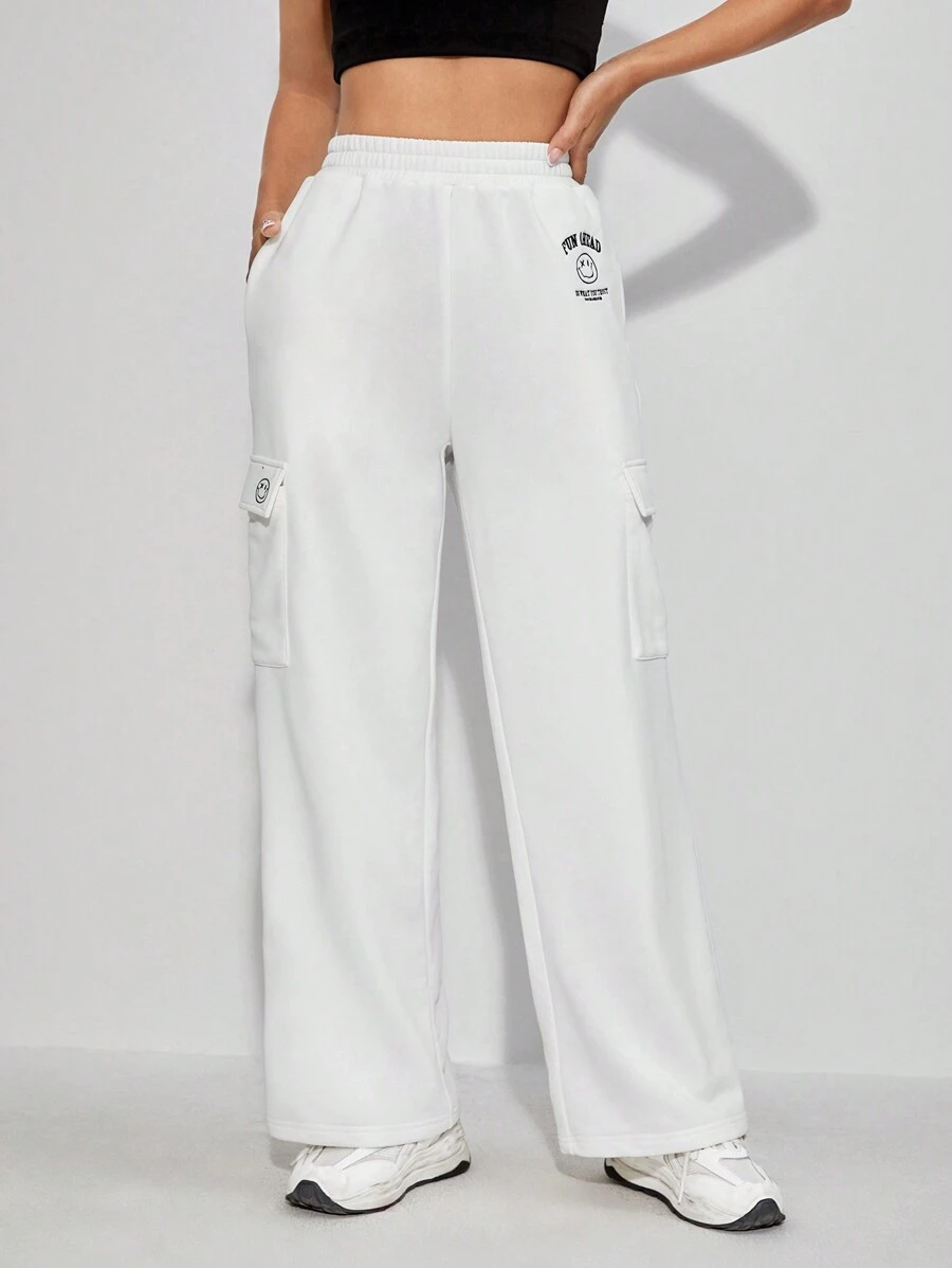 SHEIN PETITE Pantalones deportivos con estampado de letra con bolsillo lateral con solapa - Blanco - Ver 1