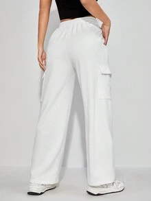 SHEIN PETITE Pantalones deportivos con estampado de letra con bolsillo lateral con solapa - Blanco - Ver 2