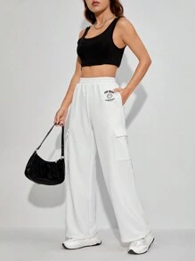 SHEIN PETITE Pantalones deportivos con estampado de letra con bolsillo lateral con solapa - Blanco - Ver 3