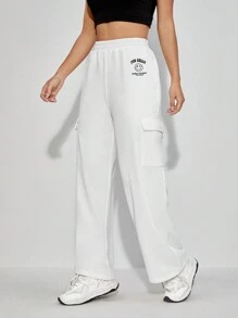SHEIN PETITE Pantalones deportivos con estampado de letra con bolsillo lateral con solapa - Blanco - Ver 4