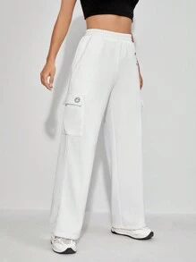 SHEIN PETITE Pantalones deportivos con estampado de letra con bolsillo lateral con solapa - Blanco - Ver 5