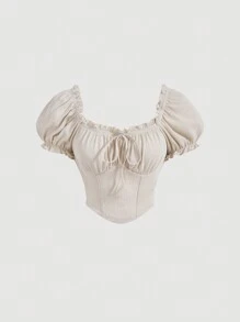 SHEIN MOD Sweetheart Neck Frill Trim Knot Front Ruched Bust Tee - Khaki - View 1