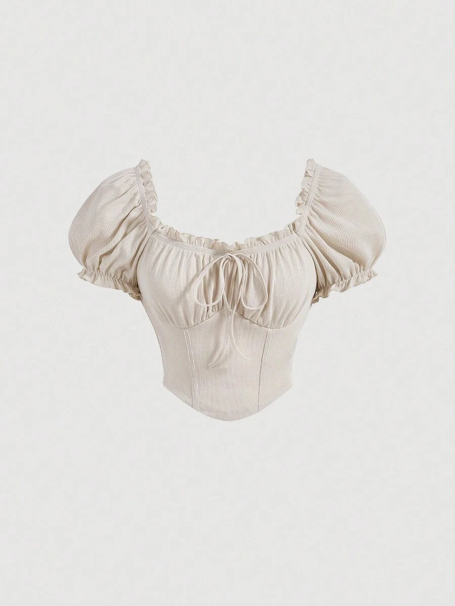 SHEIN MOD Sweetheart Neck Frill Trim Knot Front Ruched Bust Tee - Khaki - View 1