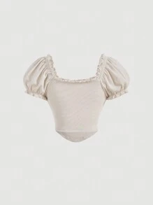 SHEIN MOD Sweetheart Neck Frill Trim Knot Front Ruched Bust Tee - Khaki - View 9