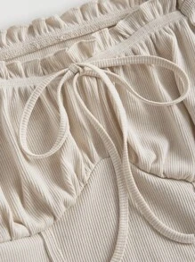 SHEIN MOD Sweetheart Neck Frill Trim Knot Front Ruched Bust Tee - Khaki - View 7