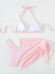 掛脖三角杯比基尼泳裝附沙灘裙 - 淺粉色 - 查看 2