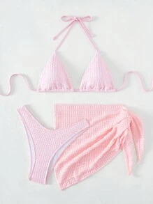 掛脖三角杯比基尼泳裝附沙灘裙 - 淺粉色 - 查看 5