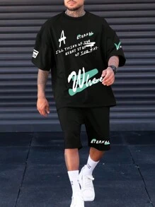 Manfinity LEGND Men Plus Slogan Graphic Drop Shoulder Tee & Shorts - Black - View 1