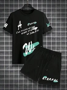 Manfinity LEGND Men Plus Slogan Graphic Drop Shoulder Tee & Shorts - Black - View 3