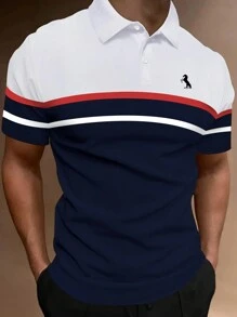 Manfinity Homme Men Plus Horse Print Colourblock Polo Shirt - Navy Blue - View 1