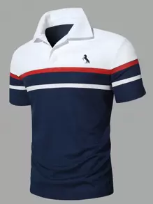 Manfinity Homme Men Plus Horse Print Colourblock Polo Shirt - Navy Blue - View 3