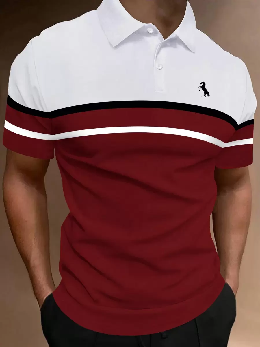 Manfinity Homme Men Plus Colourblock Striped & Horse Print Polo Shirt - Red and White - View 1