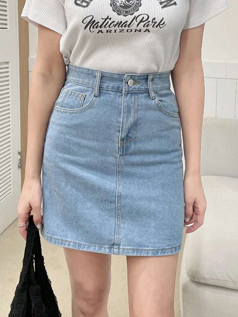 DAZY 高腰斜口袋牛仔裙牛仔裙 - 淺色水洗藍 - 查看 1