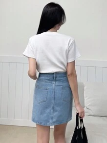 DAZY 高腰斜口袋牛仔裙牛仔裙 - 淺色水洗藍 - 查看 2