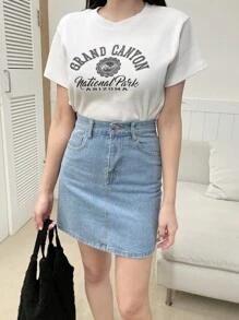 DAZY 高腰斜口袋牛仔裙牛仔裙 - 淺色水洗藍 - 查看 3