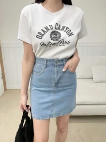 DAZY 高腰斜口袋牛仔裙牛仔裙 - 淺色水洗藍 - 查看 4