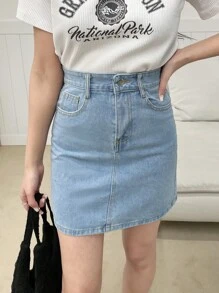 DAZY 高腰斜口袋牛仔裙牛仔裙 - 淺色水洗藍 - 查看 7