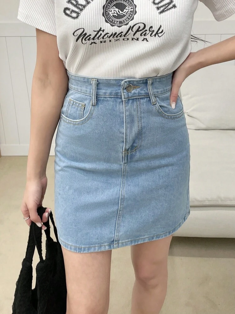 High Waist Slant Pocket Denim Skirt Jeans Skirt