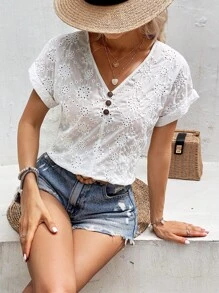 SHEIN VCAY Eyelet Embroidery Batwing Sleeve Blouse - White - View 1