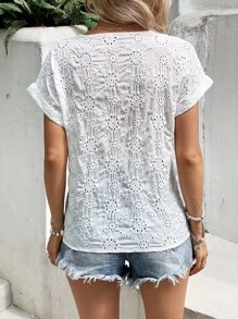SHEIN VCAY Eyelet Embroidery Batwing Sleeve Blouse - White - View 2