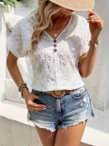 SHEIN VCAY Eyelet Embroidery Batwing Sleeve Blouse - White - View 6