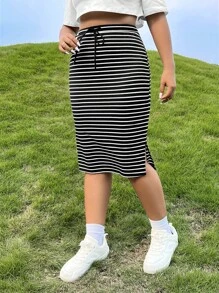 SHEIN EZwear 大碼條紋印花腰部抽繩開衩短裙 - 黑與白 - 查看 2