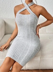 SHEIN Essnce Đầm Hội Chữ thập Gân đan màu trơn Thanh lịch - Màu Xám nhạt - Xem 1