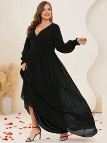 Plus Plunge Neck Lantern Sleeve Ruched Waist Party Dress - Black - View 7