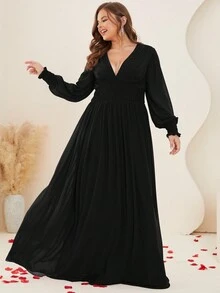 Plus Plunge Neck Lantern Sleeve Ruched Waist Party Dress - Black - View 8
