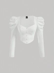 SHEIN MOD Áo thun crop tay bồng cổ tim - trắng - Xem 1