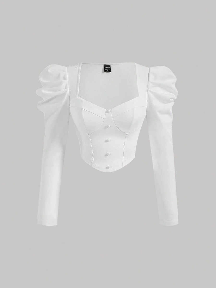 SHEIN MOD Áo thun crop tay bồng cổ tim - trắng - Xem 1