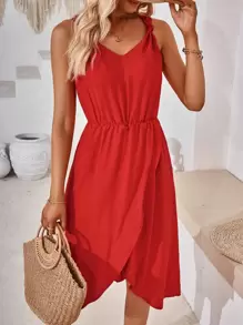 SHEIN VCAY Chất rắn Váy Wrap Hem - Đỏ - Xem 1