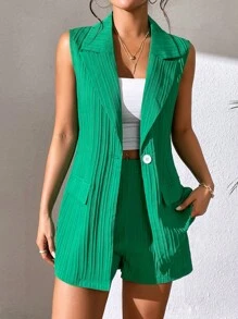 Chiquease Solid Lapel Neck Vest Blazer & Shorts - Green - View 6