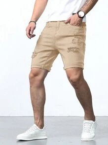 Manfinity Homme Nam Quần short Bermuda Bông Rách Frayed - Màu Khaki - Xem 1