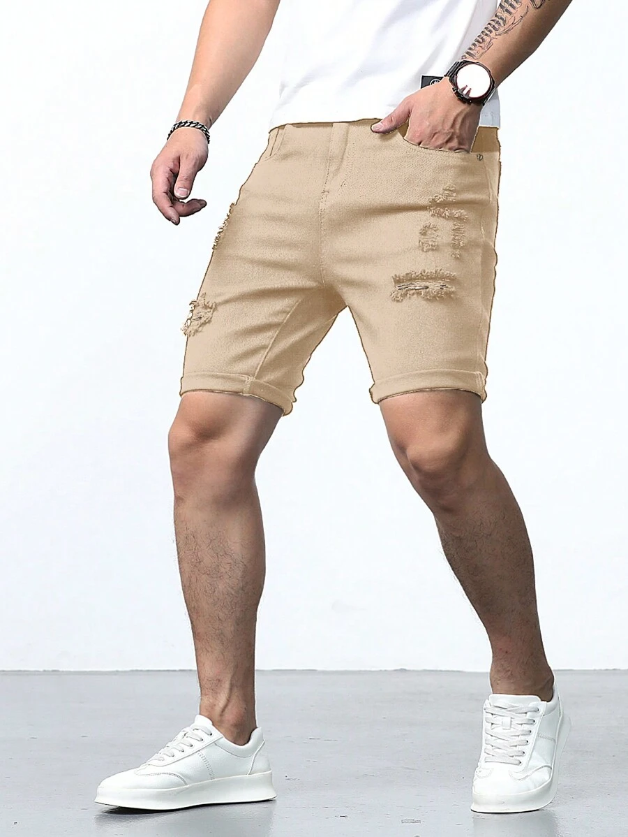 Manfinity Homme Nam Quần short Bermuda Bông Rách Frayed - Màu Khaki - Xem 1