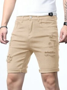 Manfinity Homme Nam Quần short Bermuda Bông Rách Frayed - Màu Khaki - Xem 3