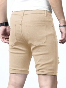Manfinity Homme Nam Quần short Bermuda Bông Rách Frayed - Màu Khaki - Xem 4