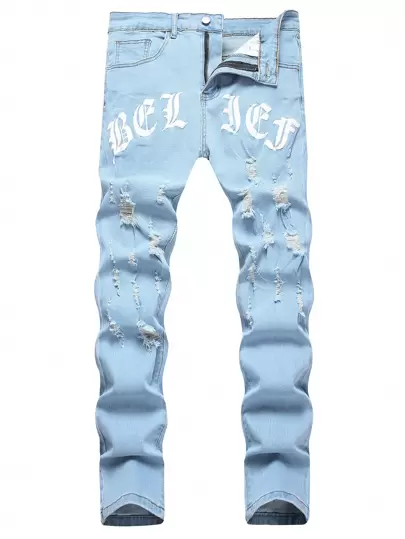 Manfinity Roughcore Men Cotton Letter Graphic Ripped Jeans Men's Ripped Jeans
