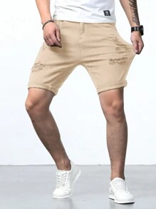 Manfinity Homme Nam Quần short Bermuda Bông Rách Frayed - Màu Khaki - Xem 5