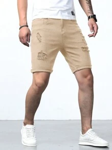 Manfinity Homme Nam Quần short Bermuda Bông Rách Frayed - Màu Khaki - Xem 6