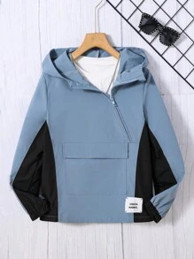 Tween Boy Letter Patched Detail Colourblock Flap Pocket Hooded Jacket Without Tee - Dusty Blue - View 1