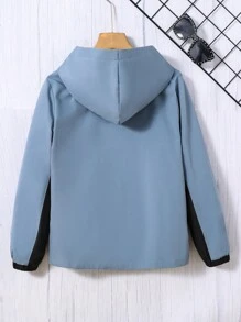 Tween Boy Letter Patched Detail Colourblock Flap Pocket Hooded Jacket Without Tee - Dusty Blue - View 2